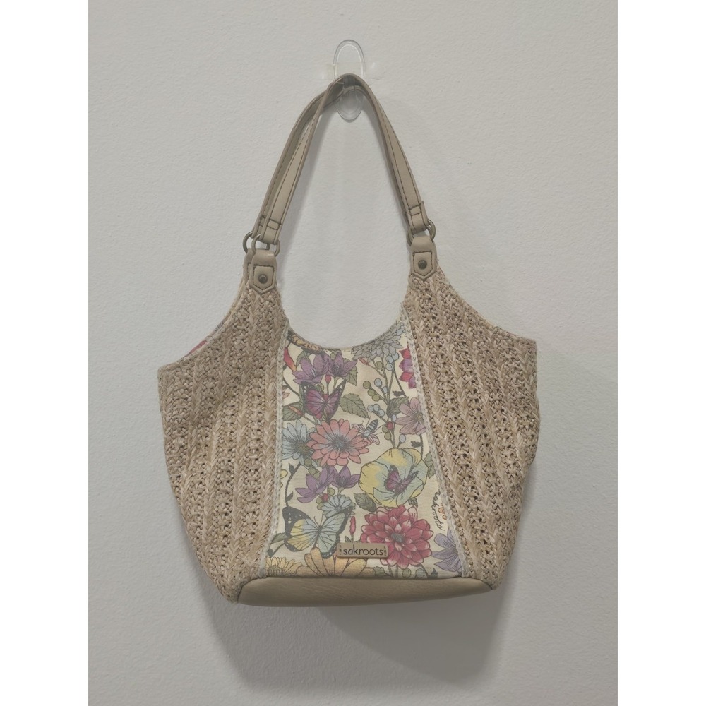Sakroots Floral Woven Straw Shoulder Tote Bag Boho Multicolor Beige Purse